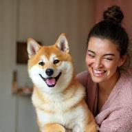 笑顔のトリマーが柴犬を優しく抱えている様子